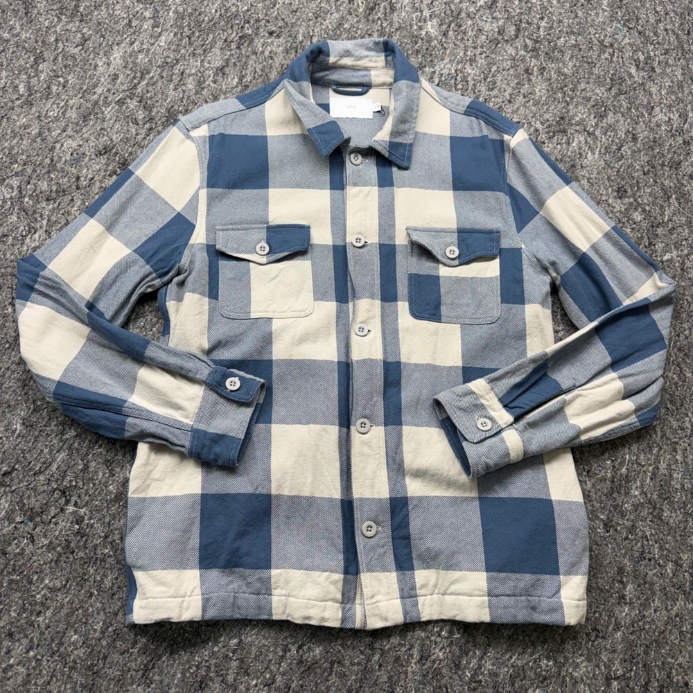 Onia Mens Buffalo Plaid Flannel Shirt Jacket Blue Cream Medium Shacket Pocket